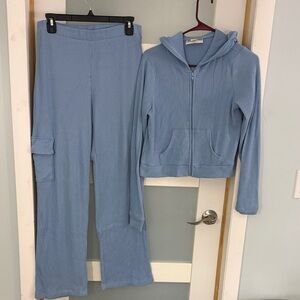 No Boundaries Light Blue Ribbed Cargo Jogger & Zip Hoodie Set
